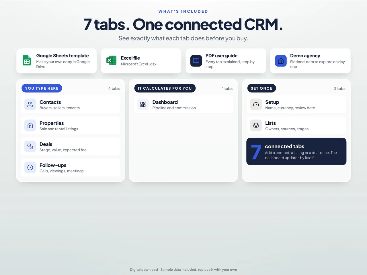Included worksheets and file formats: Real Estate CRM and Realtor Client Tracker for Google Sheets & Excel