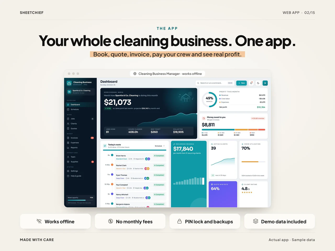 App overview: Cleaning Business Planner App with Schedule, Invoices and Quotes