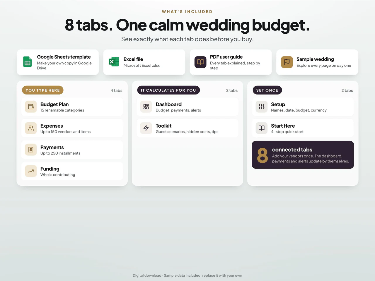 Included worksheets and file formats: Wedding Budget Spreadsheet and Vendor Payment Tracker for Google Sheets & Excel