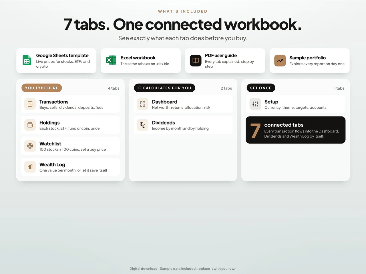 Included worksheets and file formats: Investment Portfolio Tracker for Google Sheets & Excel