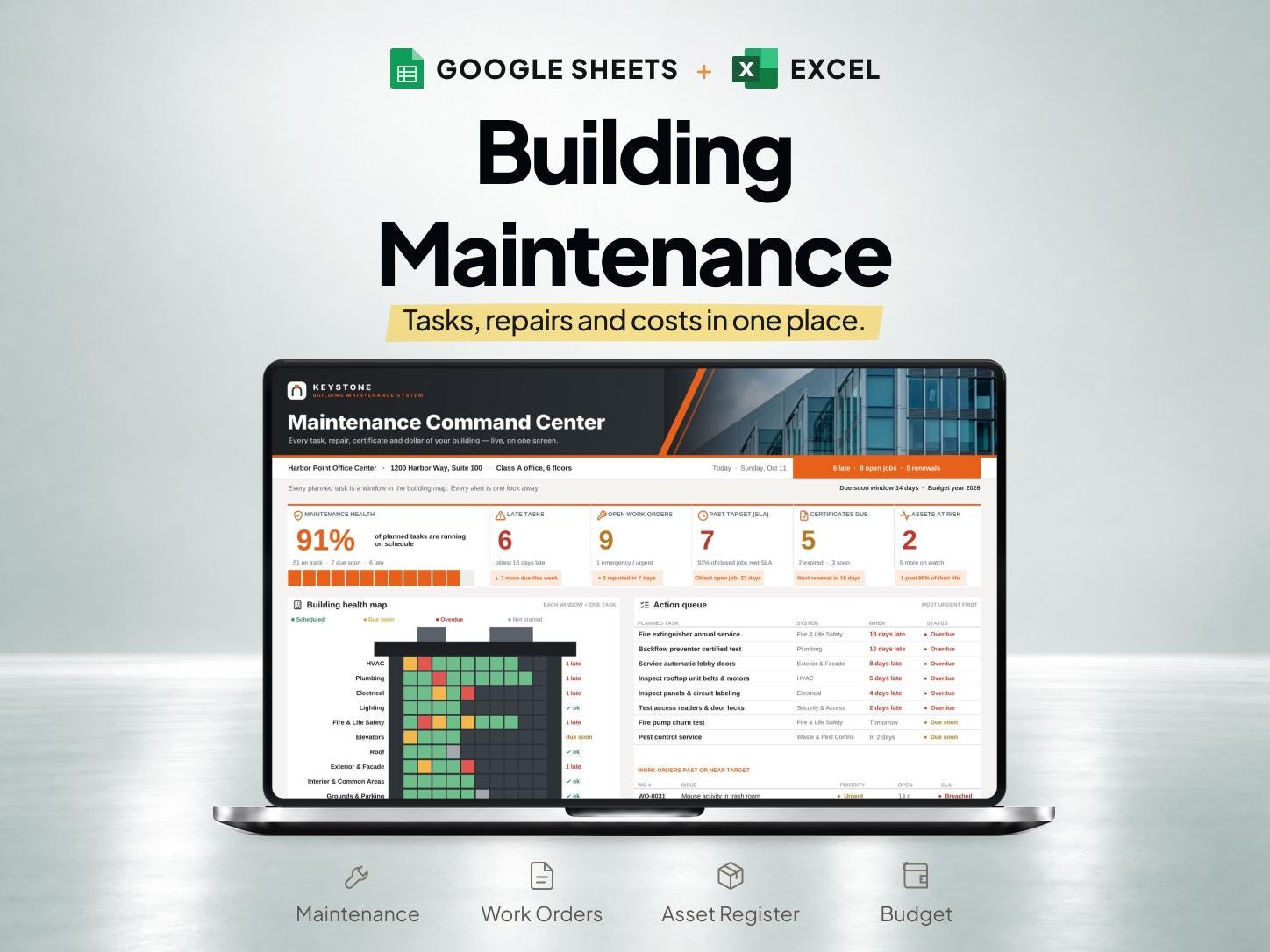 Building Maintenance Tracker and Work Order Template for Google Sheets & Excel — SheetChief product preview