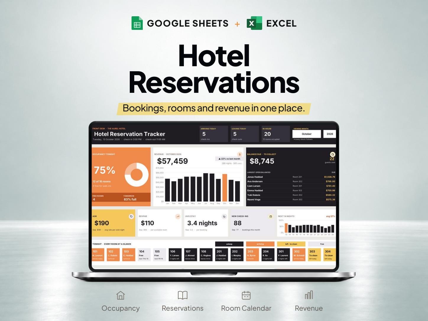 Hotel Reservation Tracker & Room Availability Calendar for Google Sheets and Excel — SheetChief product preview