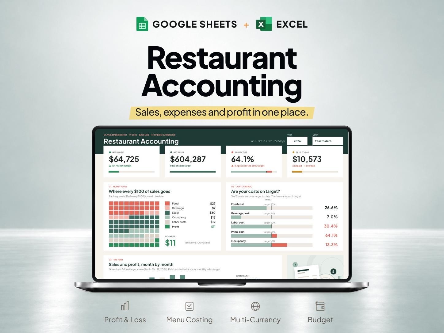 Restaurant Accounting and Food Cost Spreadsheet for Google Sheets & Excel — SheetChief product preview