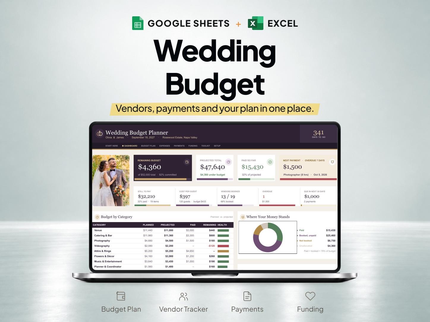 Wedding Budget Spreadsheet and Vendor Payment Tracker for Google Sheets & Excel — SheetChief product preview