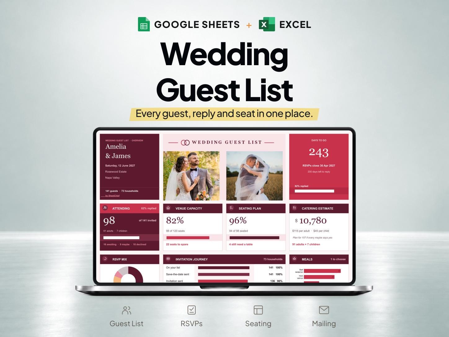 Wedding Guest List and RSVP Tracker Spreadsheet for Google Sheets and Excel — SheetChief product preview
