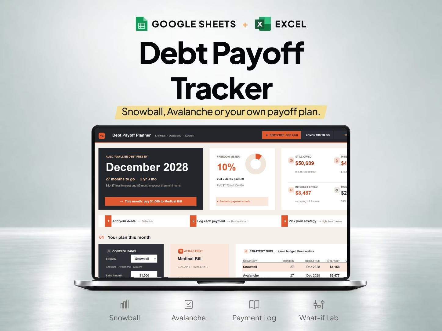 Debt Payoff Tracker Spreadsheet with Snowball & Avalanche Calculators — SheetChief product preview
