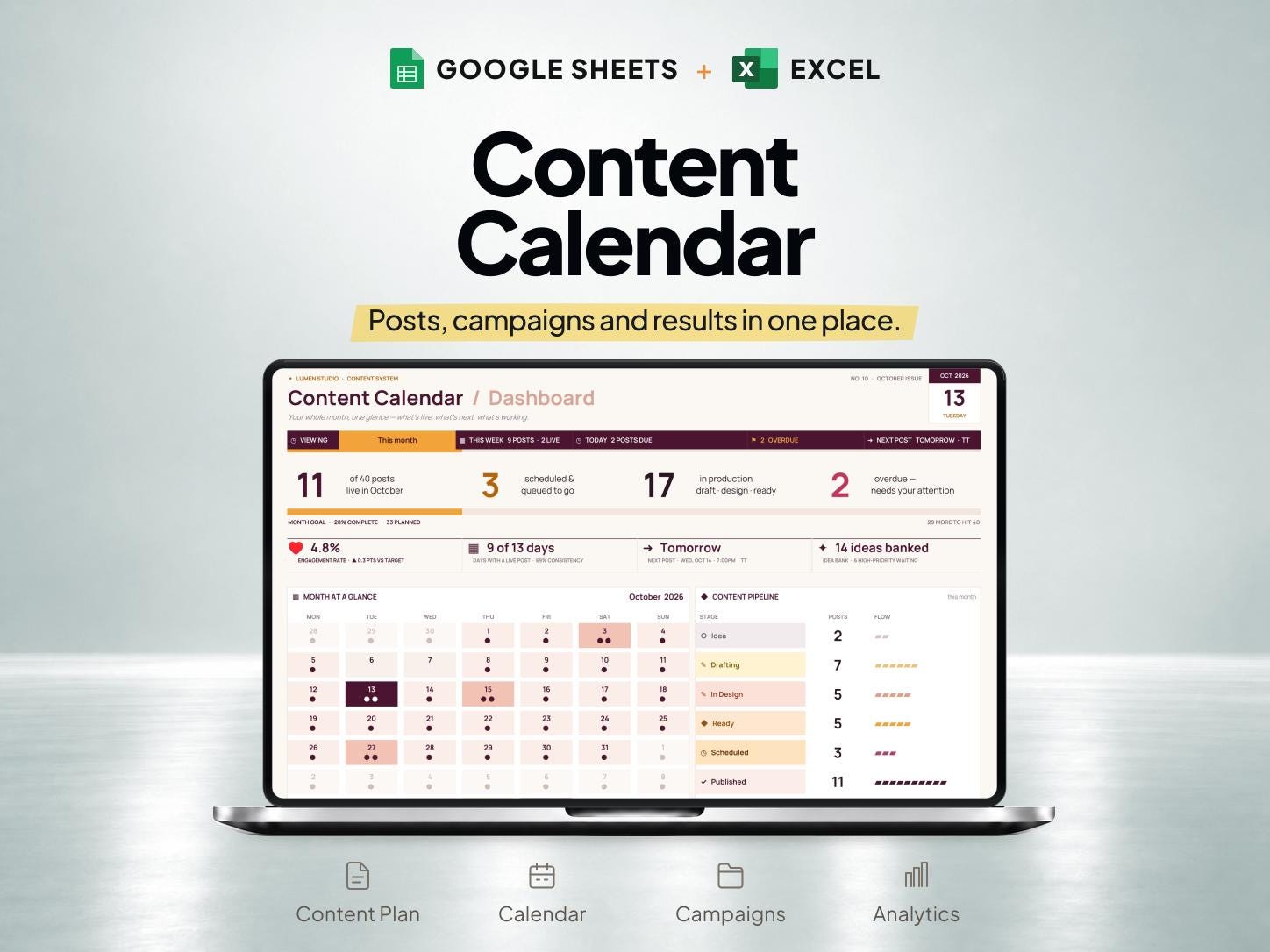 Content Calendar and Social Media Planner Spreadsheet for Google Sheets & Excel — SheetChief product preview