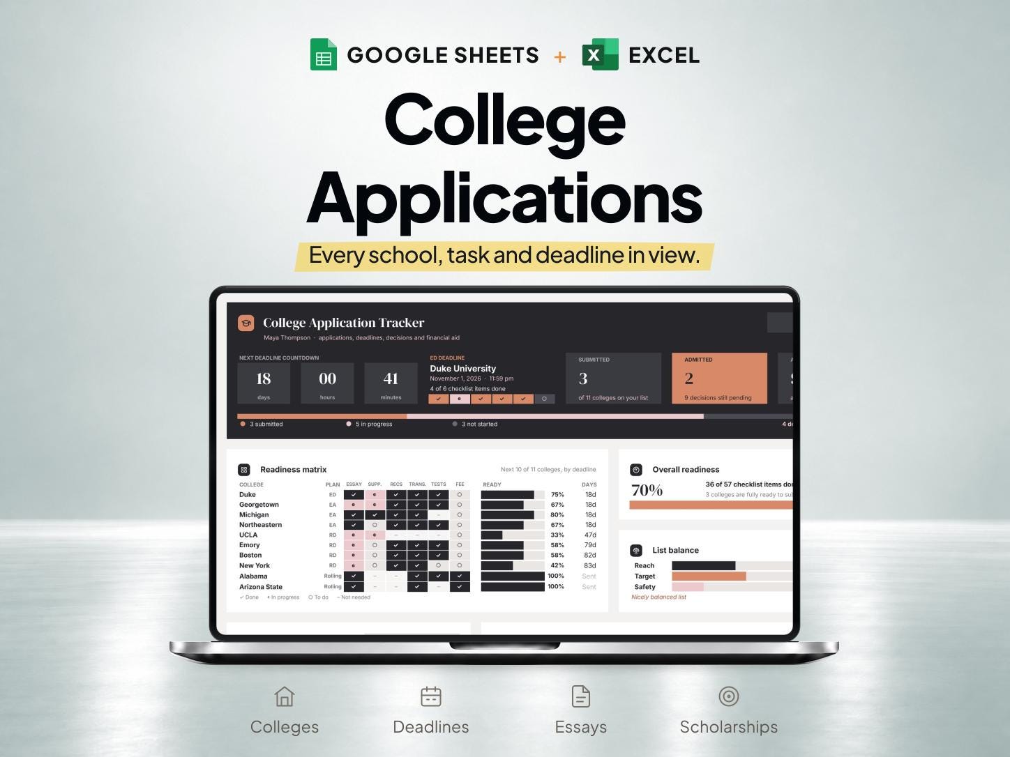College Application Tracker and Scholarship Planner for Google Sheets & Excel — SheetChief product preview