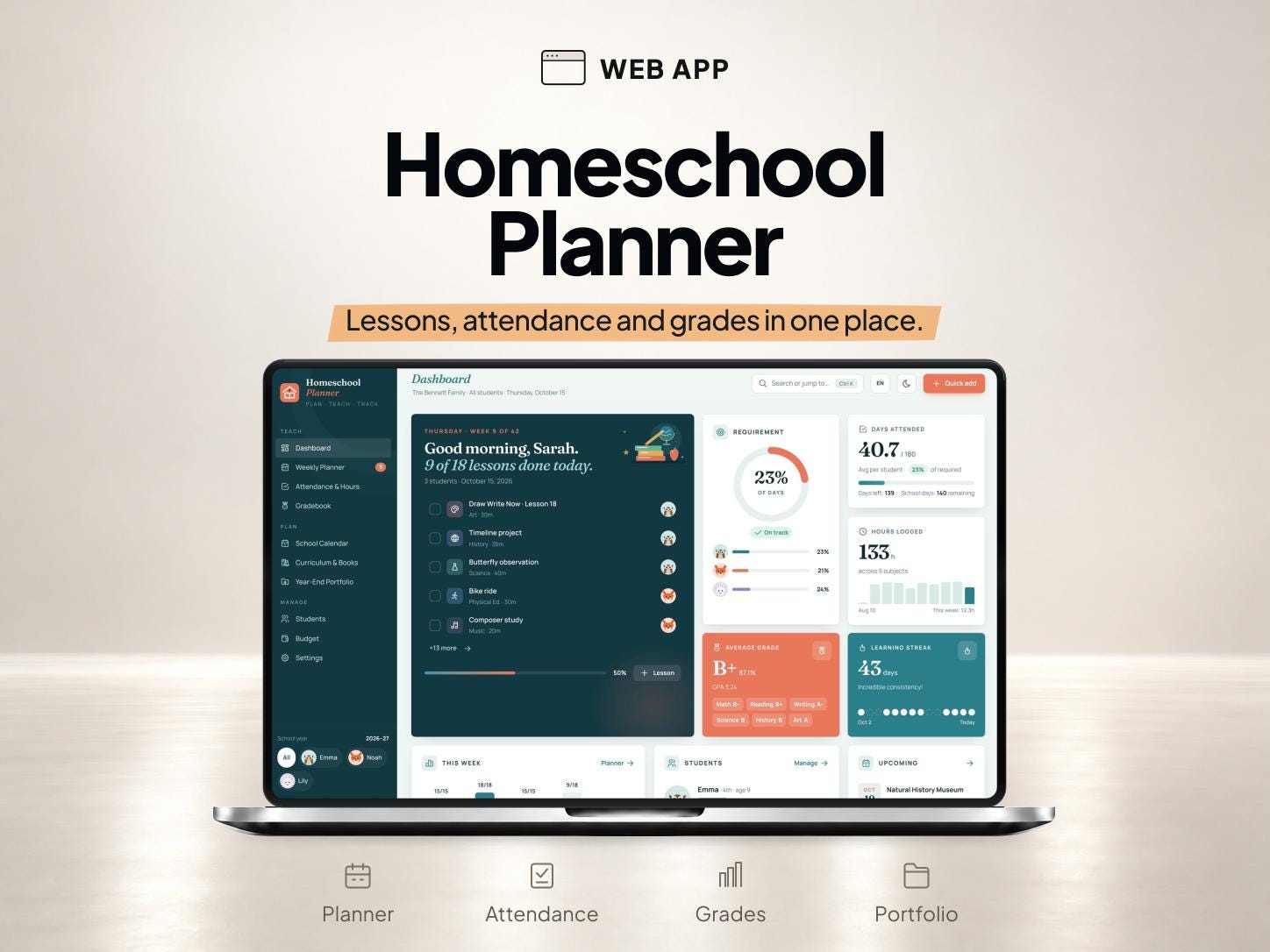 Homeschool Planner App with Attendance Tracker, Gradebook and Lesson Planner — SheetChief product preview