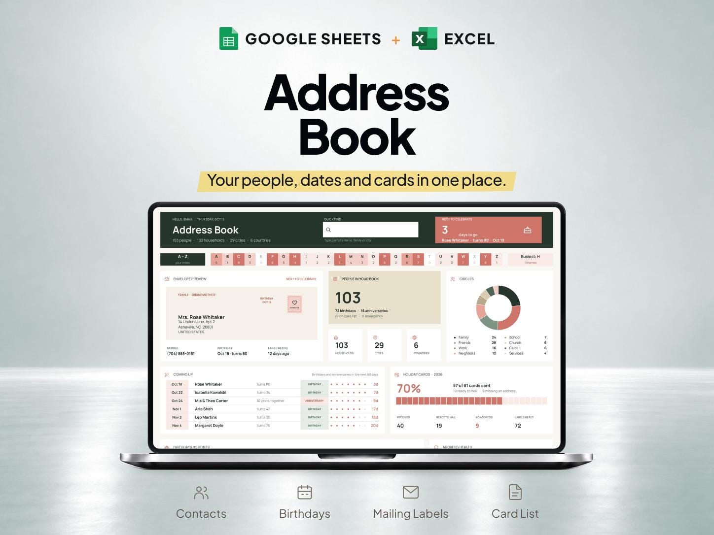 Printable and Digital Address Book Template for Google Sheets and Excel — SheetChief product preview