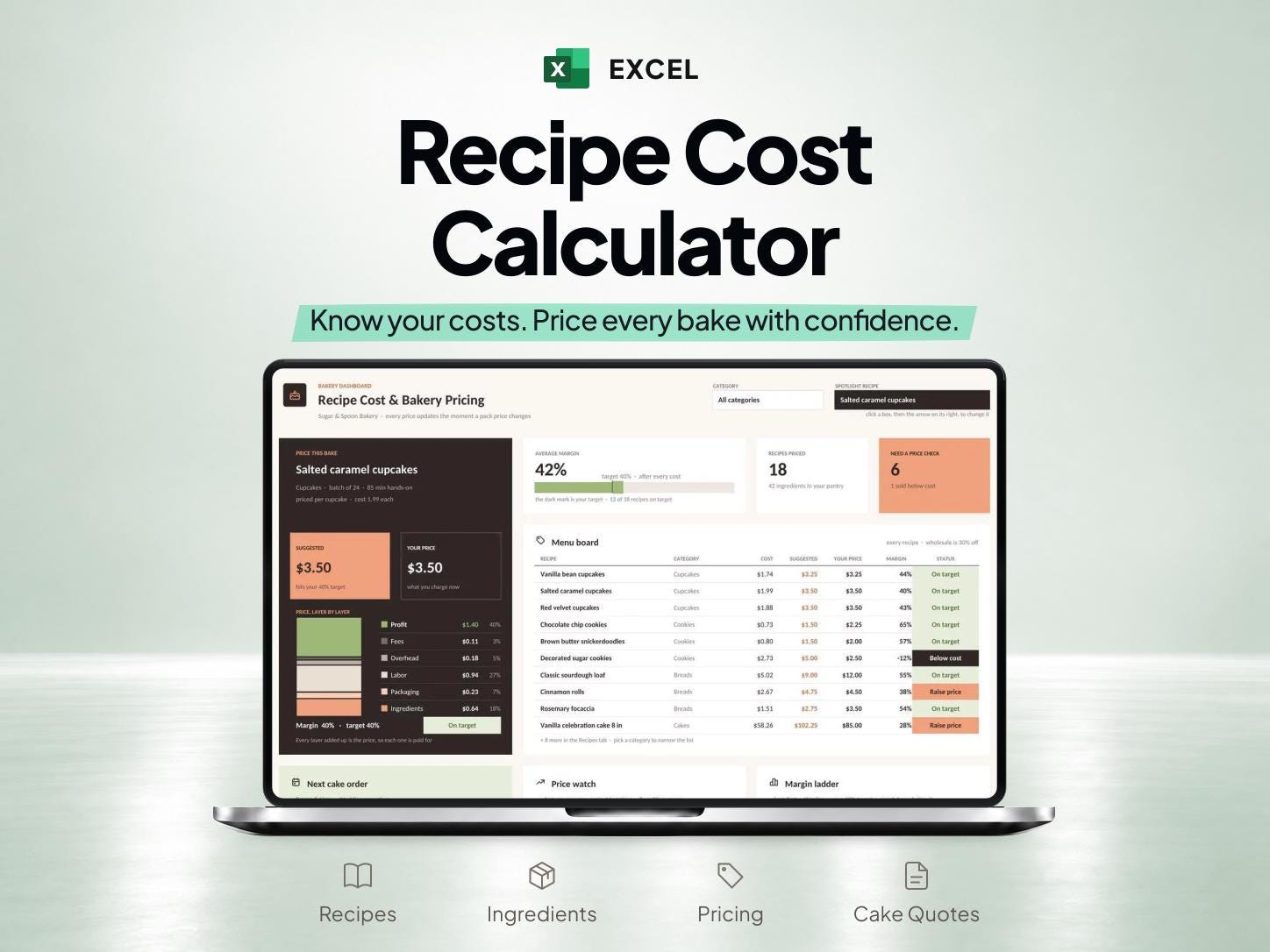 Recipe Cost Calculator for Excel: Cake and Bakery Pricing Spreadsheet — SheetChief product preview