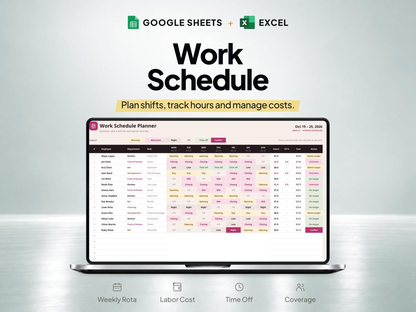 Employee Work Schedule and Shift Planner for Google Sheets & Excel — SheetChief product preview