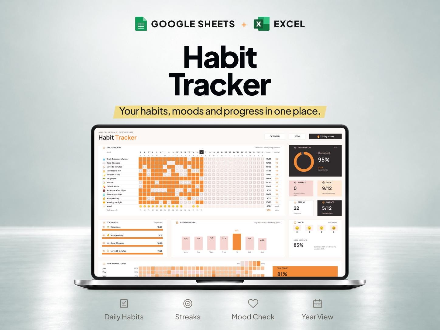 2027 Habit Tracker Spreadsheet with Mood and Goal Tracker for Google Sheets & Excel — SheetChief product preview