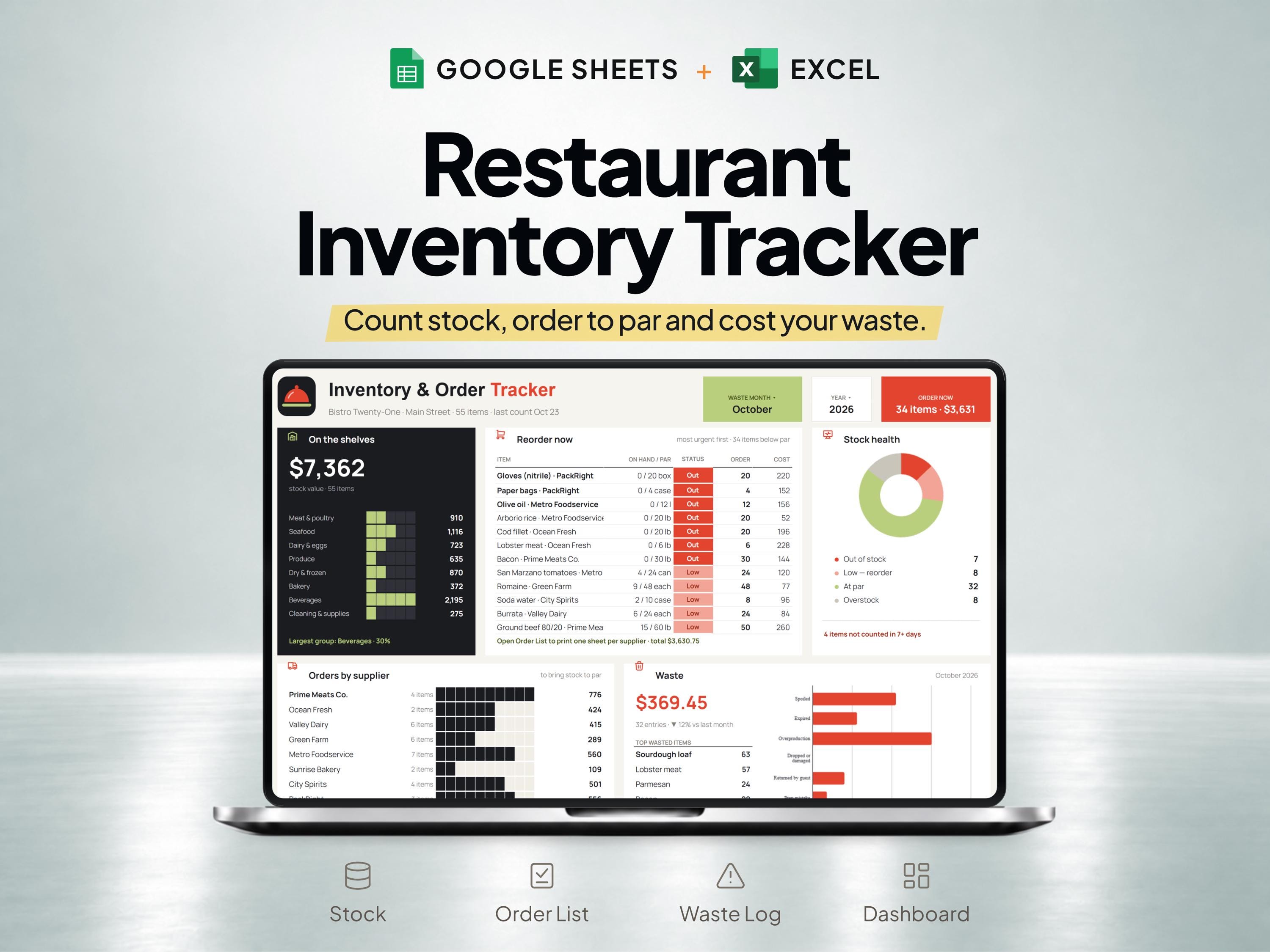 Restaurant Inventory Spreadsheet with Order Tracker & Kitchen Waste Log — SheetChief product preview