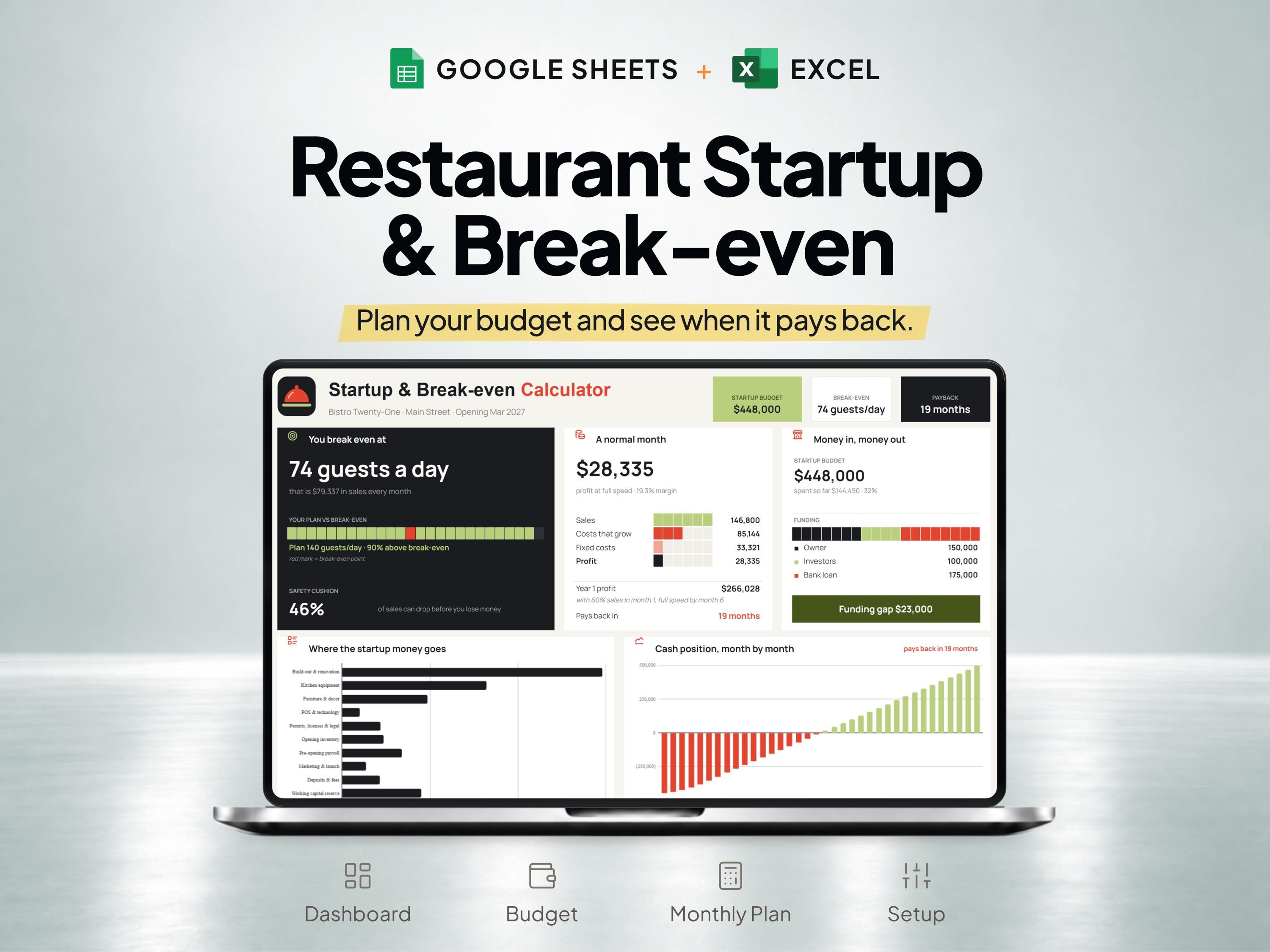 Restaurant Startup Cost & Break-Even Calculator for Google Sheets and Excel — SheetChief product preview