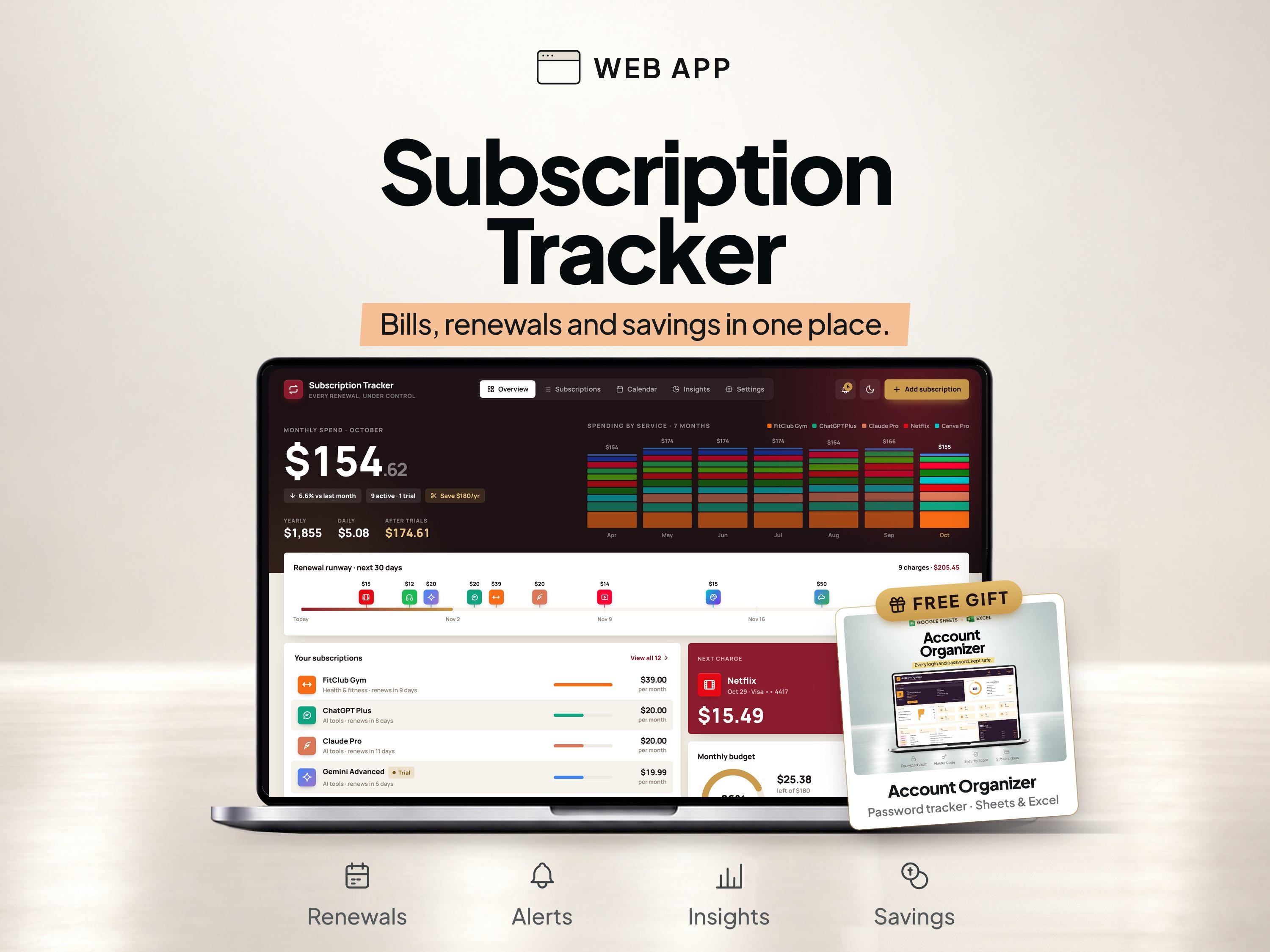 Subscription Tracker App for Recurring Bills & Monthly Expenses — SheetChief product preview