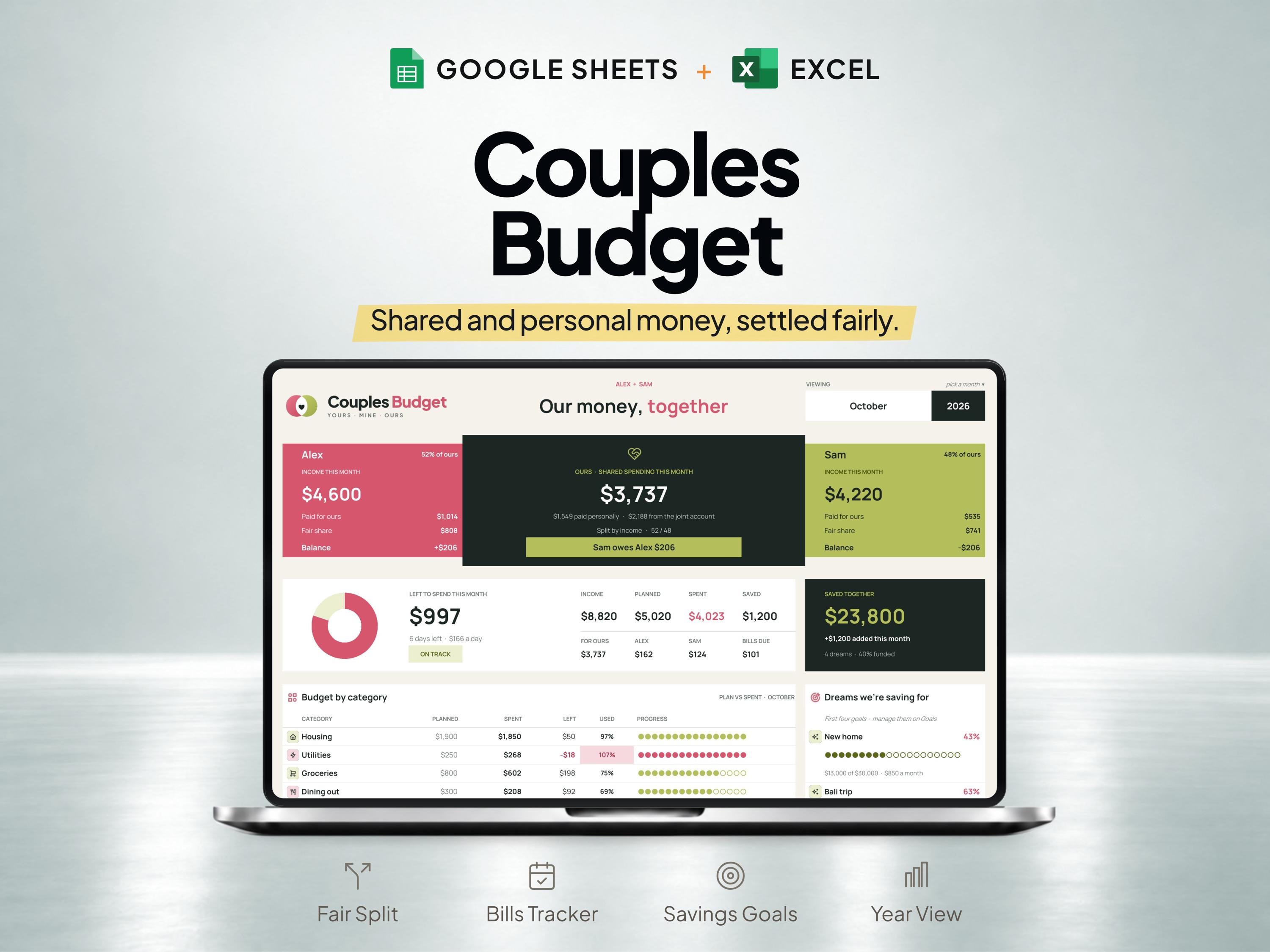 Couples Budget Spreadsheet & Shared Expense Tracker for Google Sheets and Excel — SheetChief product preview