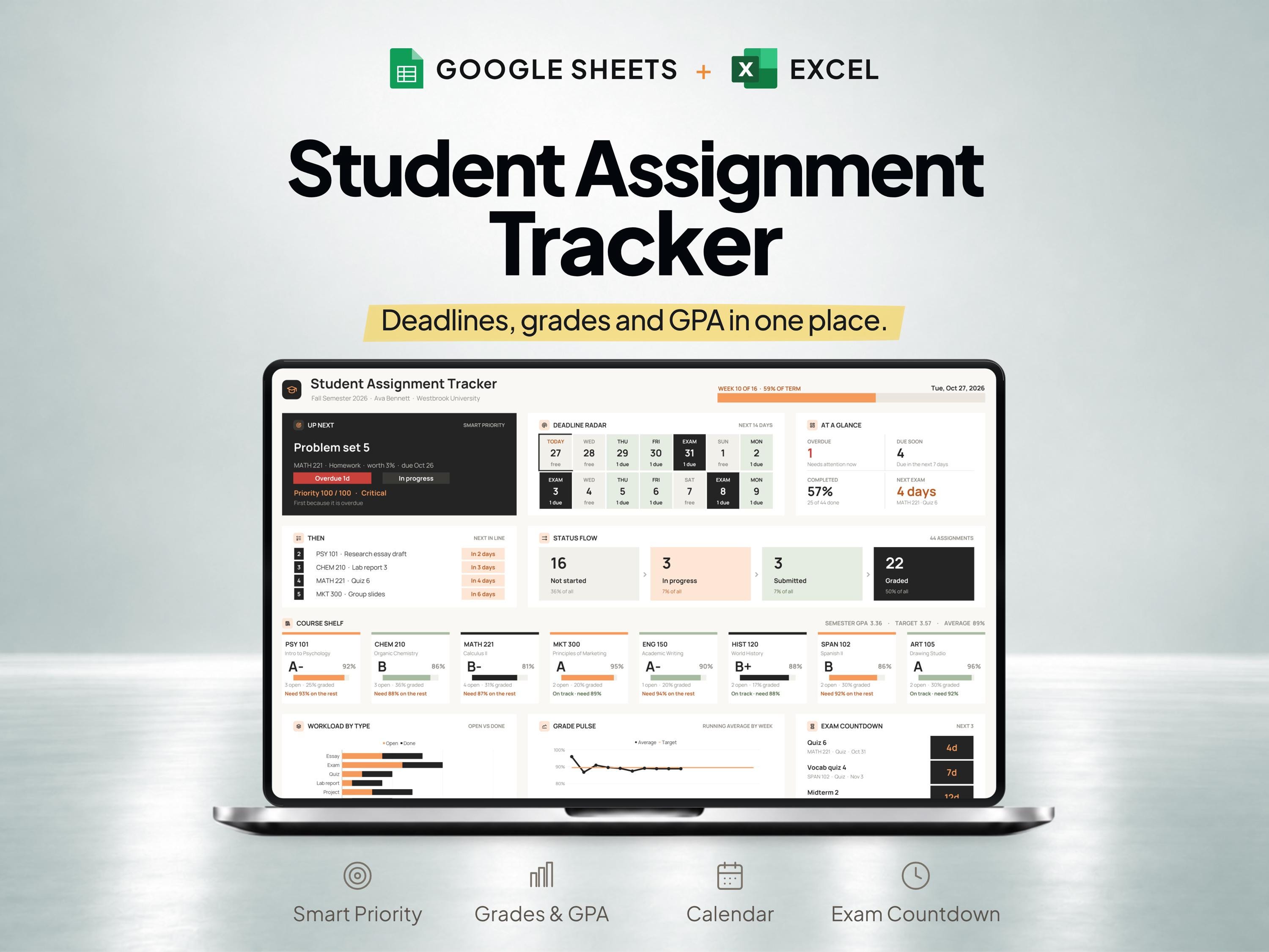 Assignment Tracker Spreadsheet & Student Planner for Google Sheets and Excel — SheetChief product preview