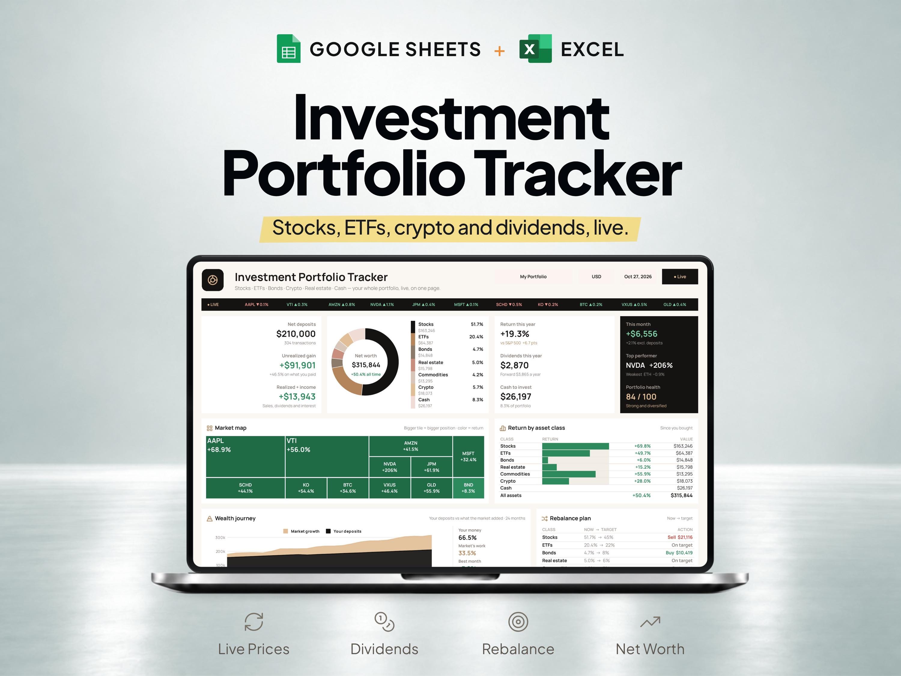 Investment Portfolio Tracker for Google Sheets & Excel — SheetChief product preview